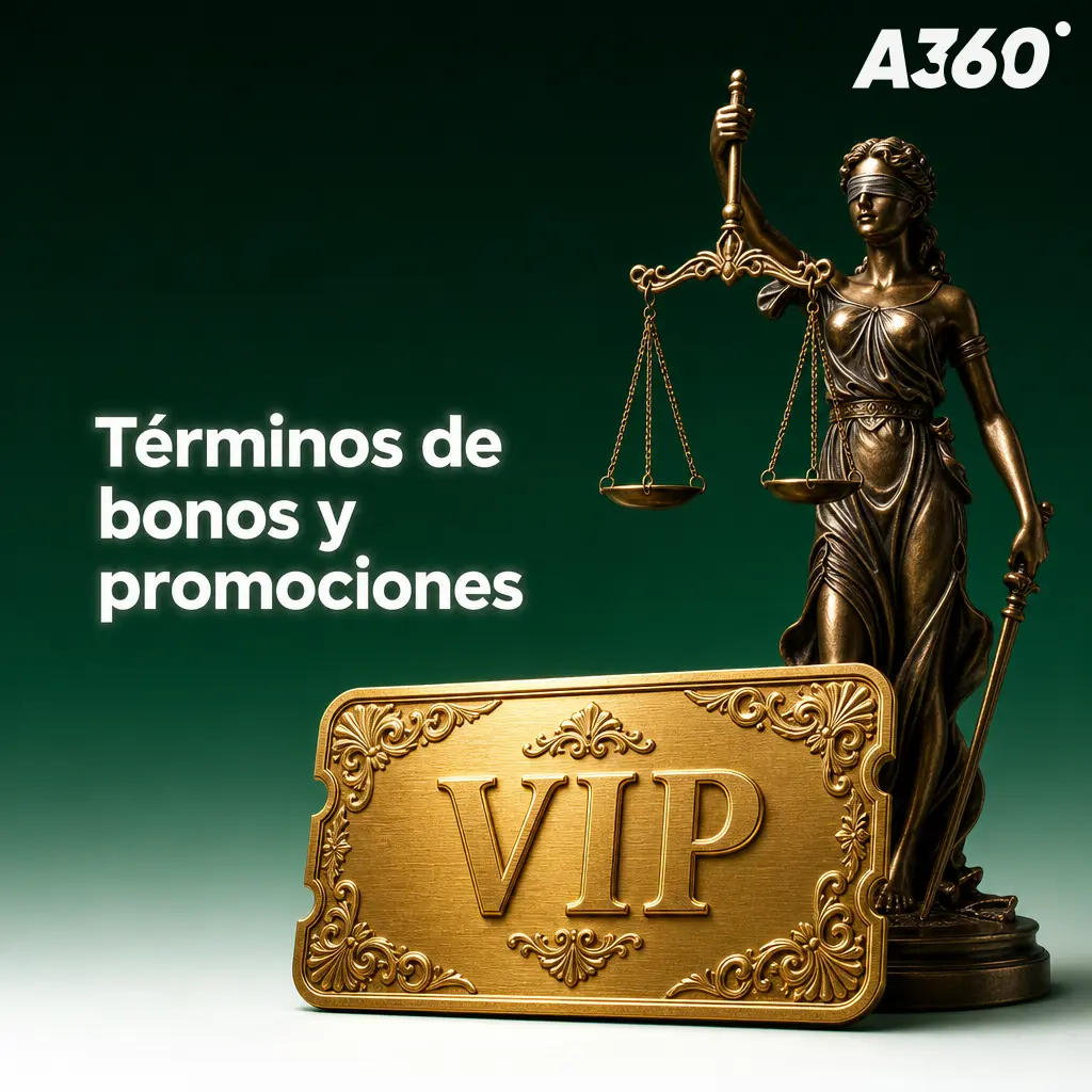 Términos de bonos y promociones A360 con reglas, vigencia, depósitos, tiradas gratis y requisitos de apuesta