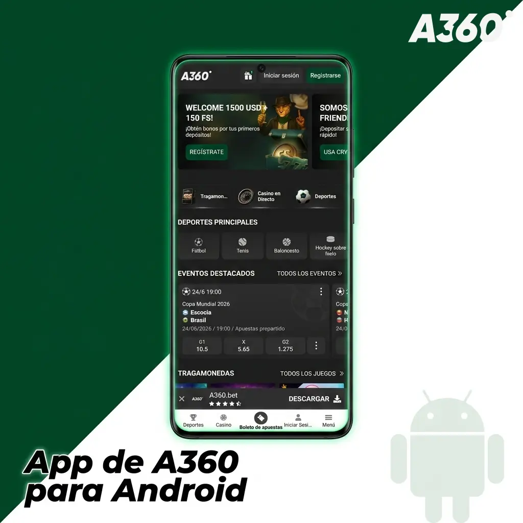 Pantalla de instalación de la app A360 para Android con opción de descarga del APK oficial sin Google Play Store