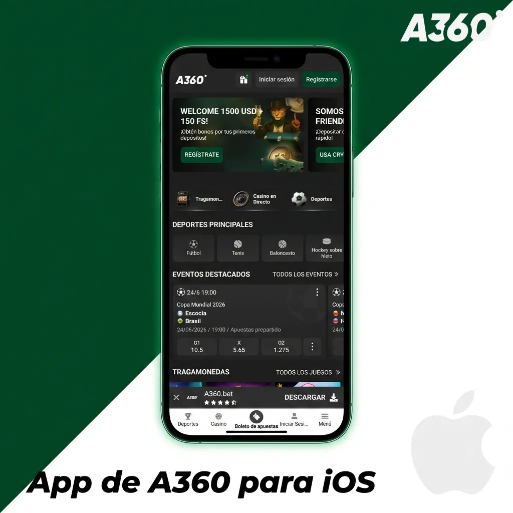 Pantalla de instalación de la app A360 para iOS en iPhone e iPad con instrucciones de descarga sin App Store