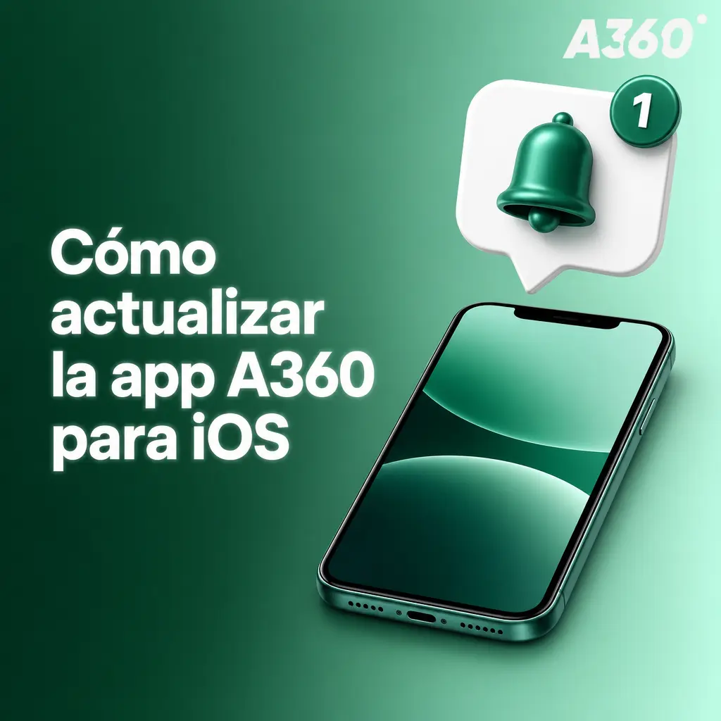 Pantalla de actualización de la app A360 para iOS con pasos para instalar y verificar la cuenta