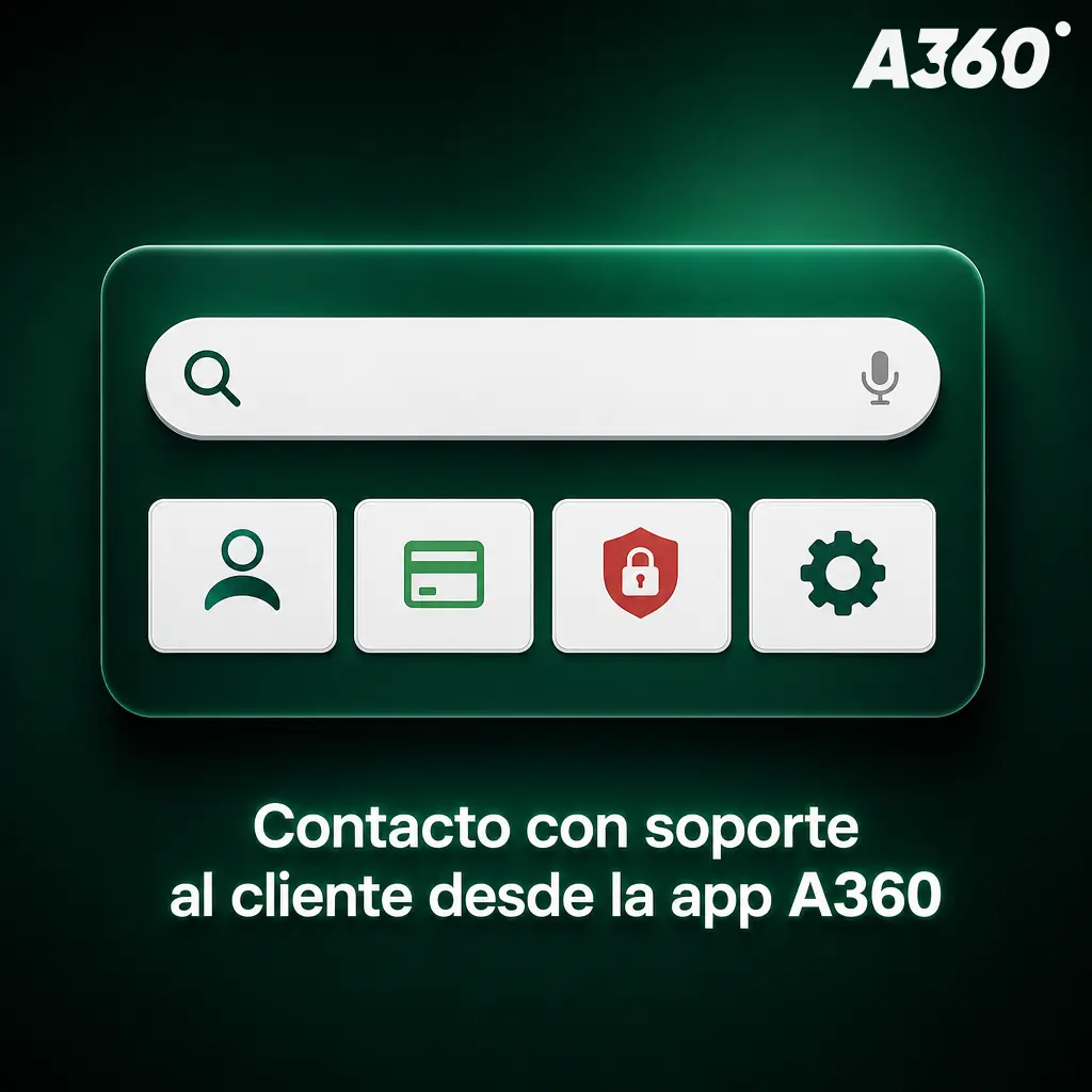 Soporte 24/7 en la app A360: chat, correo, formulario, centro de ayuda y mensajes de perfil