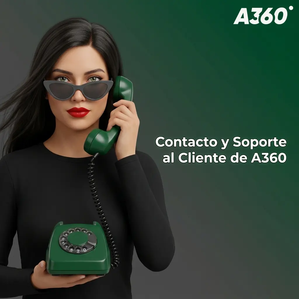 Equipo de soporte A360 disponible 24/7 por chat en vivo, correo, Telegram y centro de ayuda