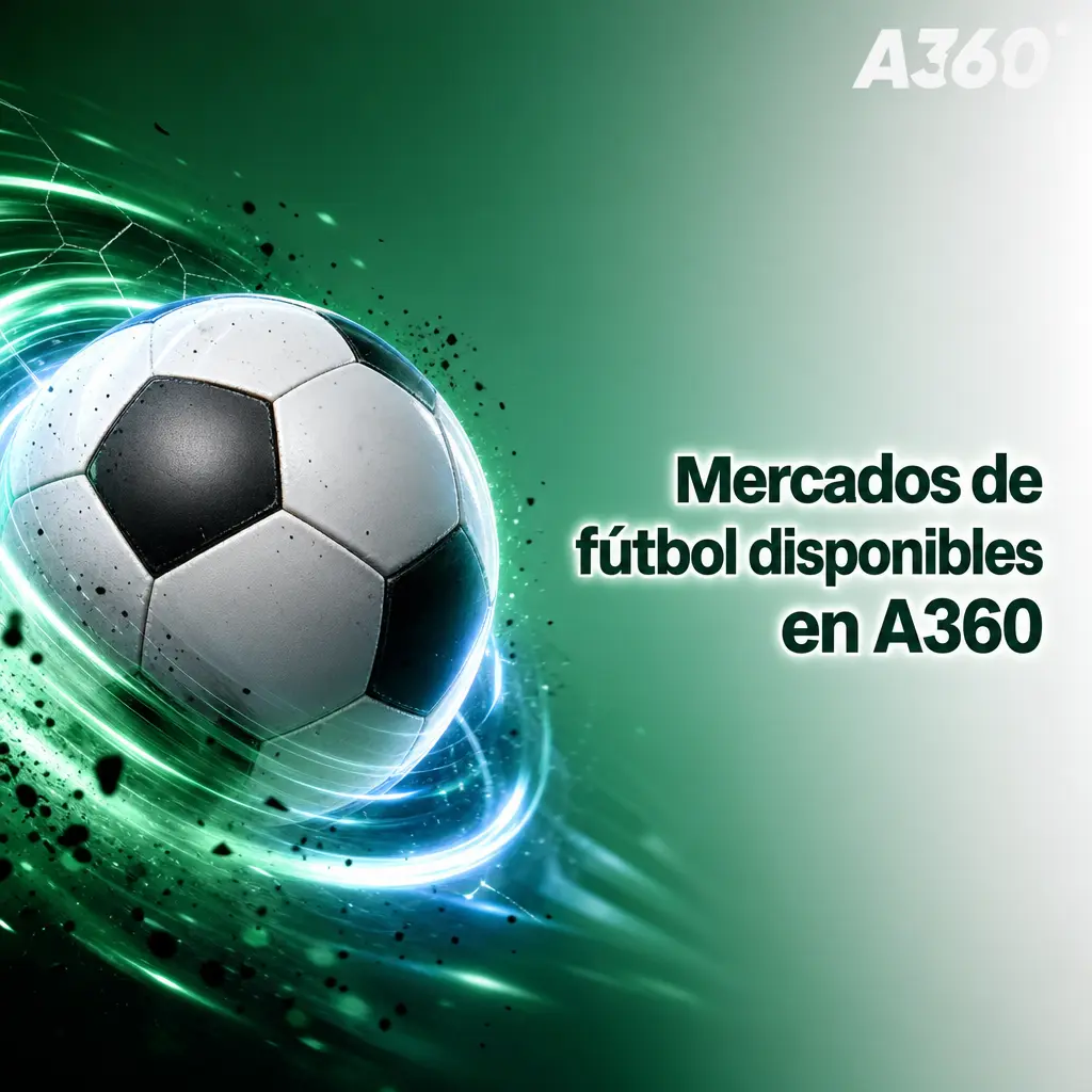 Pantalla de A360 con mercados de apuestas de fútbol: 1X2, goles, hándicap, marcador y goleador
