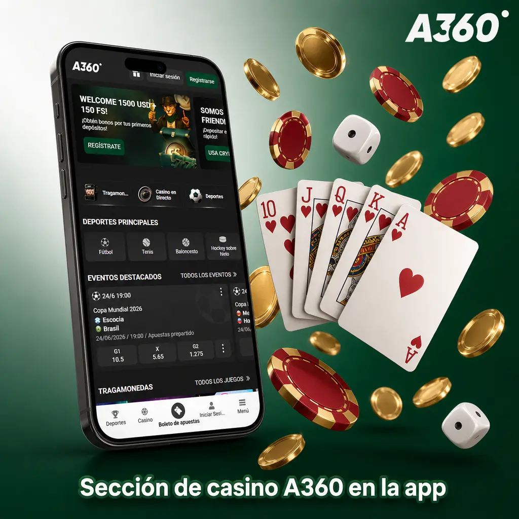 Sección de casino A360 en app móvil con slots, mesas, ruleta, blackjack y crupier en vivo